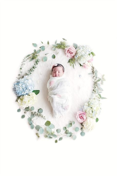 Portrait of newborn baby wrapped in a floral wreath during her newborn session with Houston newborn photographer, Renee. 