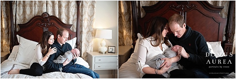Mom and dad sitting with newborn on bed