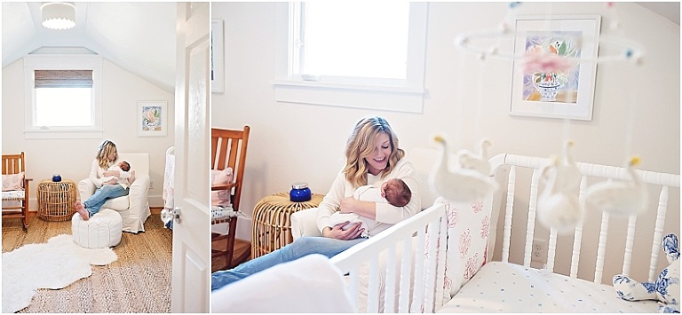 Mommy holds baby in her nursery.