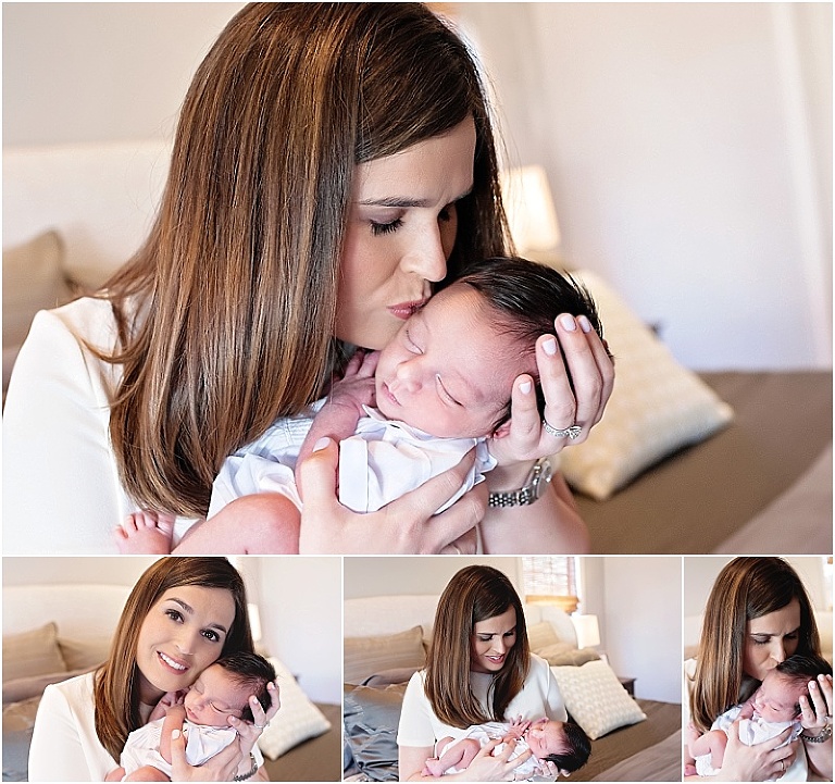 Mom kisses and snuggles her newborn baby.