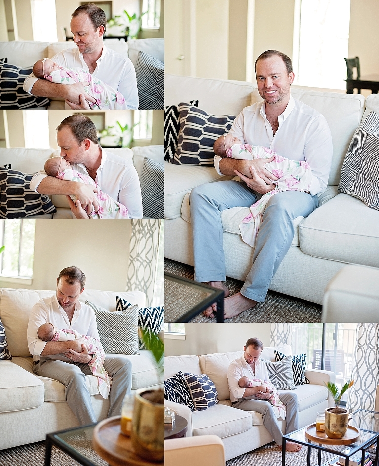 daddy and newborn girl pose for pictures