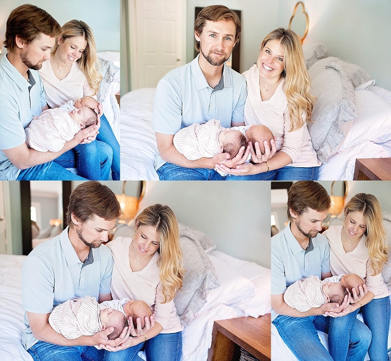 sweet mom and dad snuggle their newborn girls
