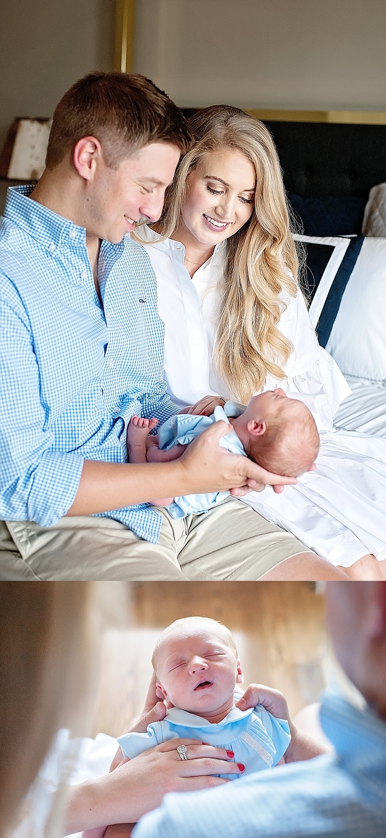 A mom and dad hold and smile at their newborn son