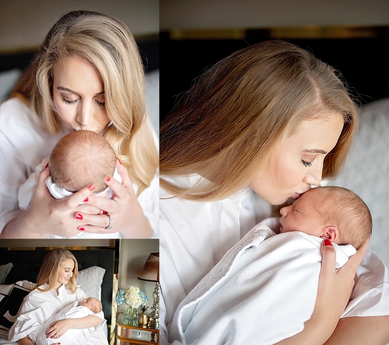 Beautiful mama snuggles her newborn baby boy