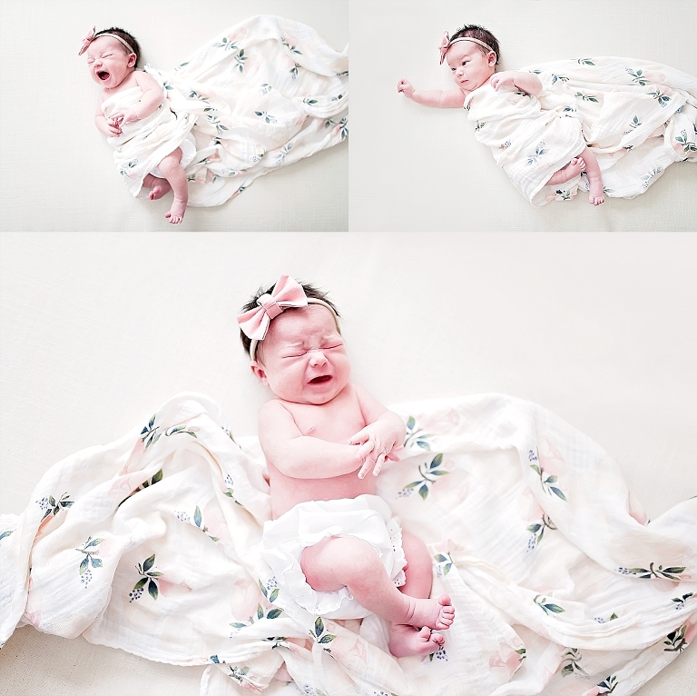 Cute shots of baby girl on her swaddle
