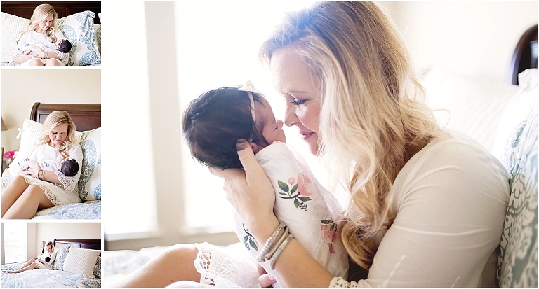 sweet shot of mom and her newborn daughter snuggling
