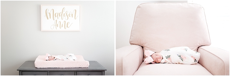 newborn baby girl lays on her chair and on her changing table