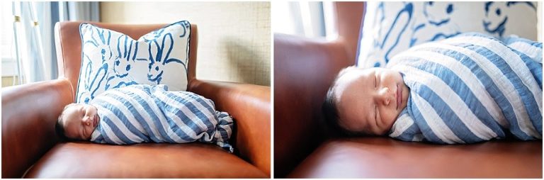 A newborn baby boy lays swaddled on a chair