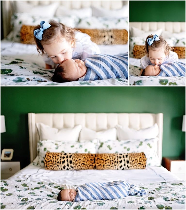 Big sister loves kissing her little baby brother