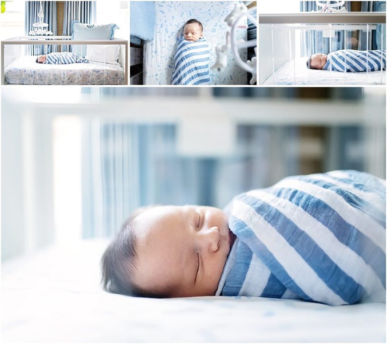 Sweet newborn baby boy sleeps in his acrylic crib