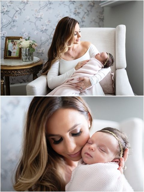 New mom and newborn baby girl snuggle in rocking chair