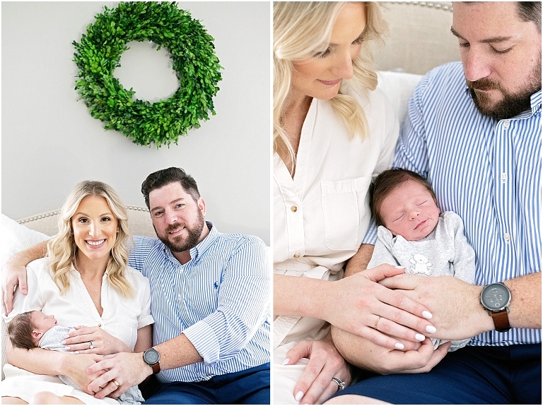 new parents smile and hold their baby during their newborn session