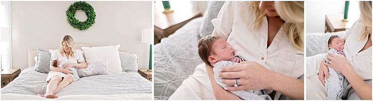 baby boy is held close to his mama during newborn session